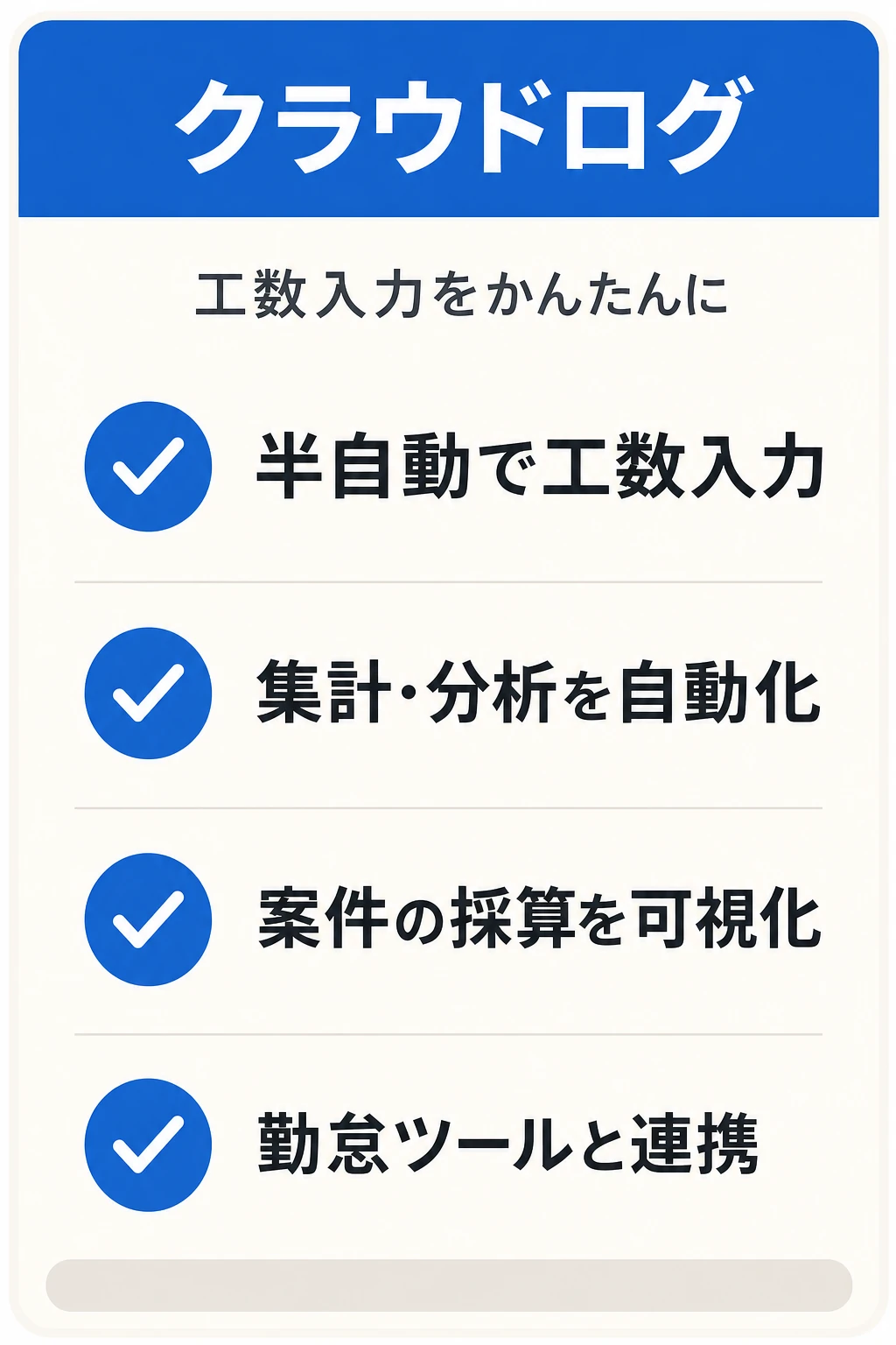ã¯ã©ãŠããã°ïŒCrowdLogïŒã®ç¹åŸŽïŒå·¥æ°å
¥åã®æéãæžãããŠéèšãèªååãããããŒã ã«åãã¿ã¹ã¯ç®¡çããŒã«