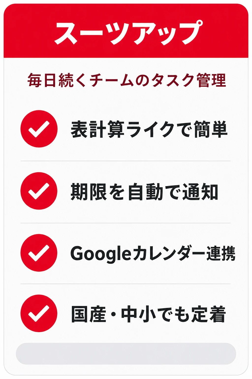 スーツアップ（SuitUP）の特徴：Googleカレンダーと連携して毎日続く見える化をしたいチームに向くタスク管理ツール