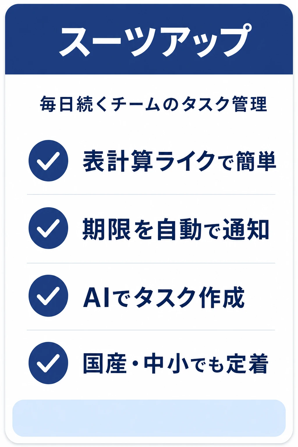 スーツアップ（SuitUP）の特徴：表計算感覚で毎日続くタスクの見える化をしたいチームに向くタスク管理ツール